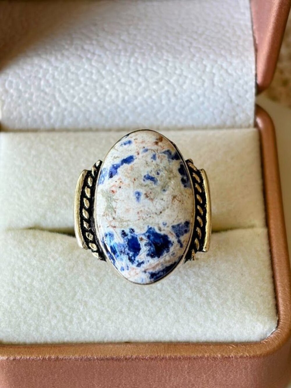Blue and White Sodalite Oval Stone Statement Ring 925 Silver Plated - Size 8
